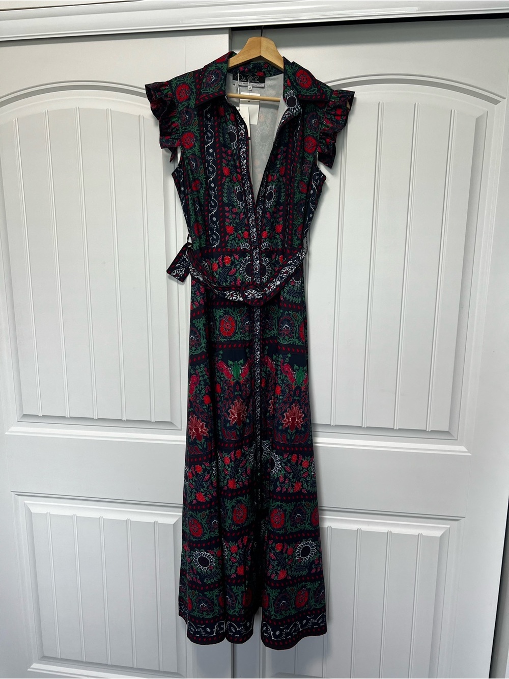 Floral Print Maxi Dress with Belt - Red & Green